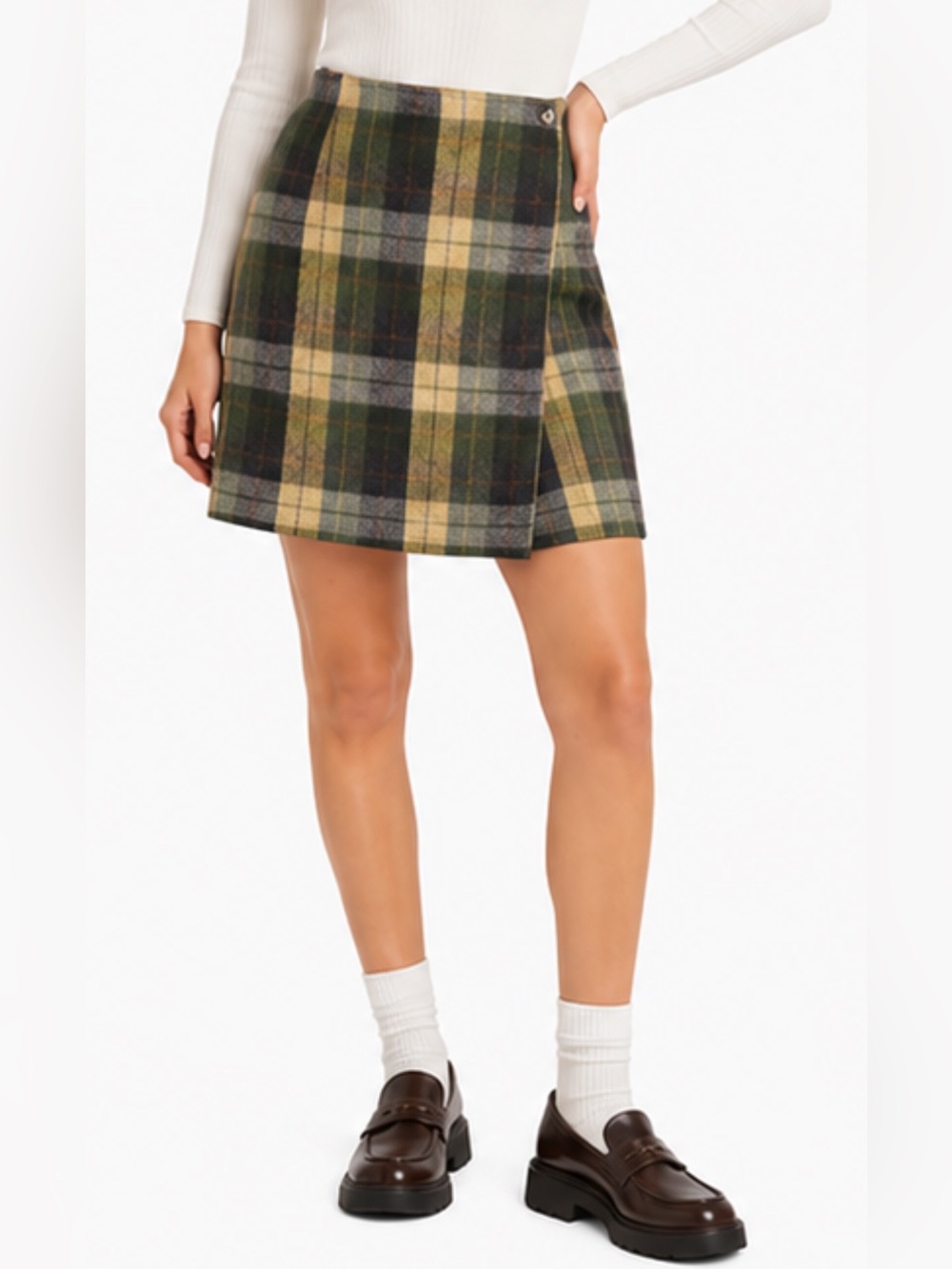 Pariscope Wool Blend Plaid Wrap Mini Skirt Womens Size 3 XS Green Brown Tartan
